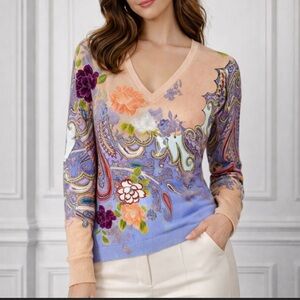 Etro Silk Paisley Floral V-Neck Sweater Medium